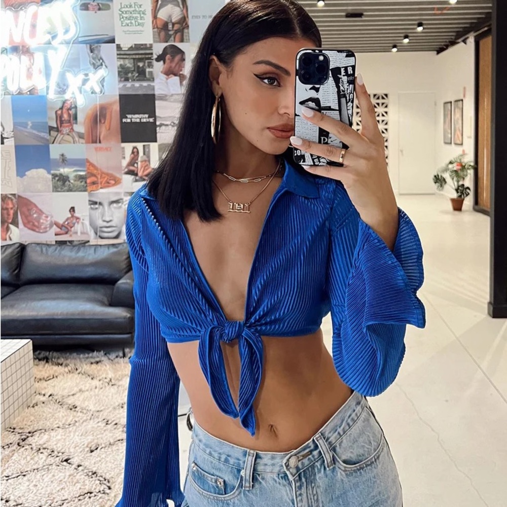 Blue Tie-Front Crop Top